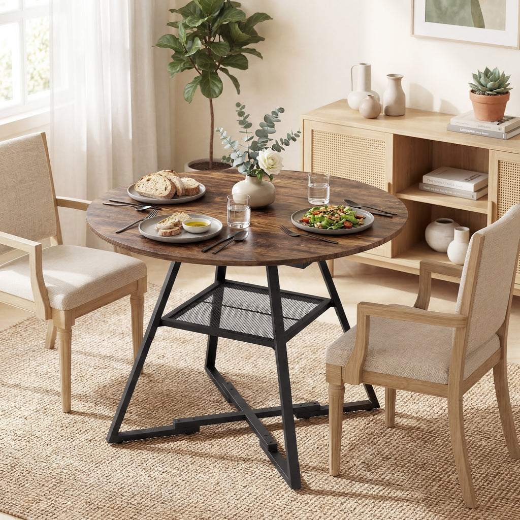 Table à manger ronde pour 4 personnes, Ø 100 x 76 cm, table de cuisine avec large plateau et étagère, brun rustique-7