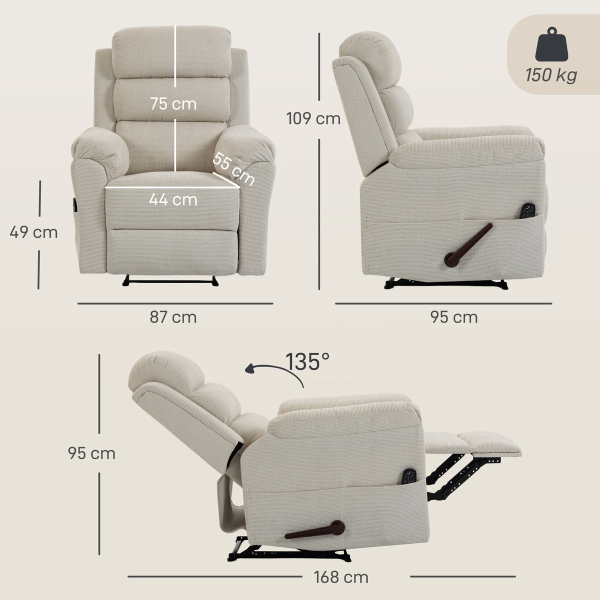 Fauteuil Inclinable de Massage et Chauffage, Fauteuil de Relaxation, Appuie-tête Réglable Poches Latérales, Crème-2