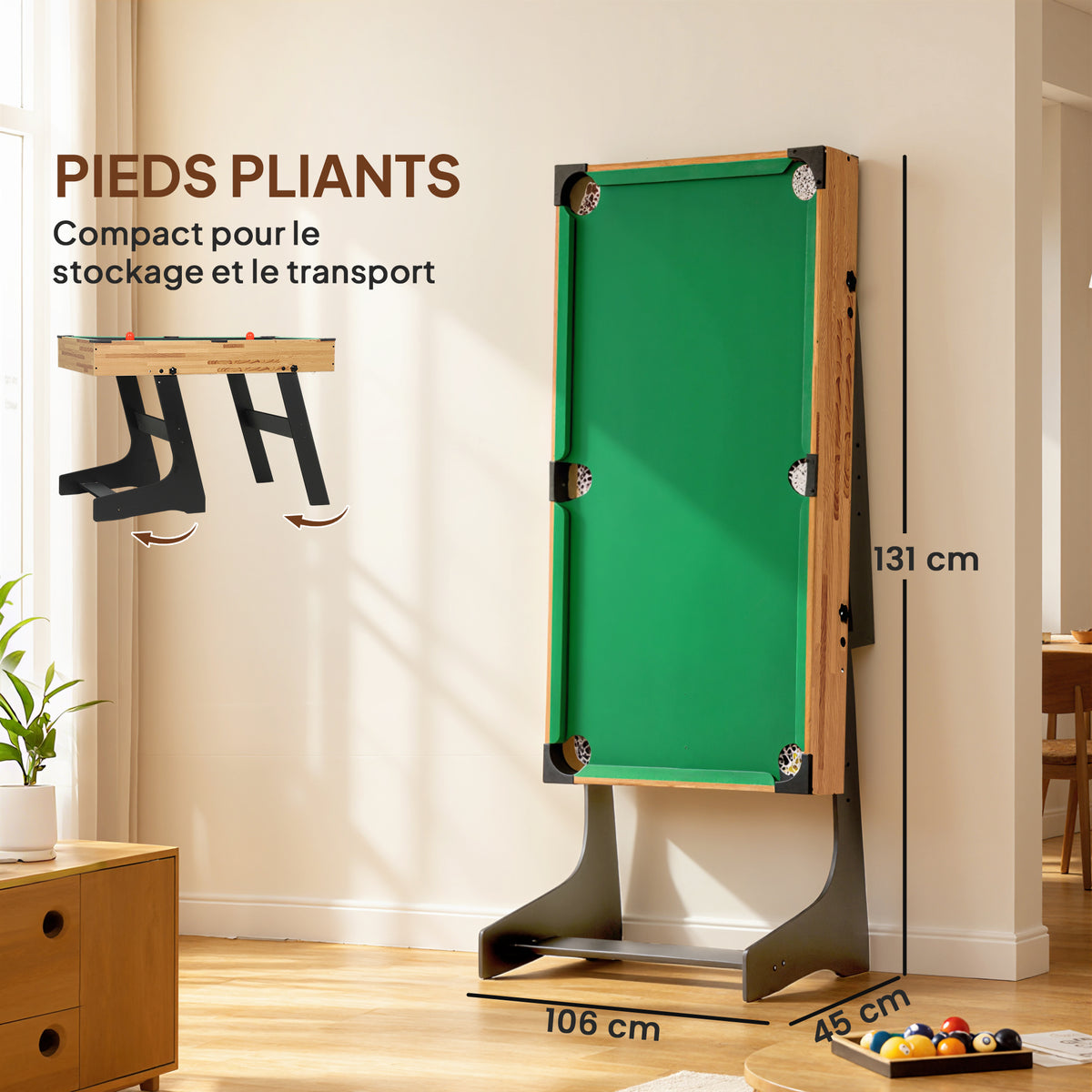 Table multijeux 13 en 1 pliable, table de jeu baby-foot, billard, pour enfants et adultes 120 x 106 x 82 cm noyer clair-4