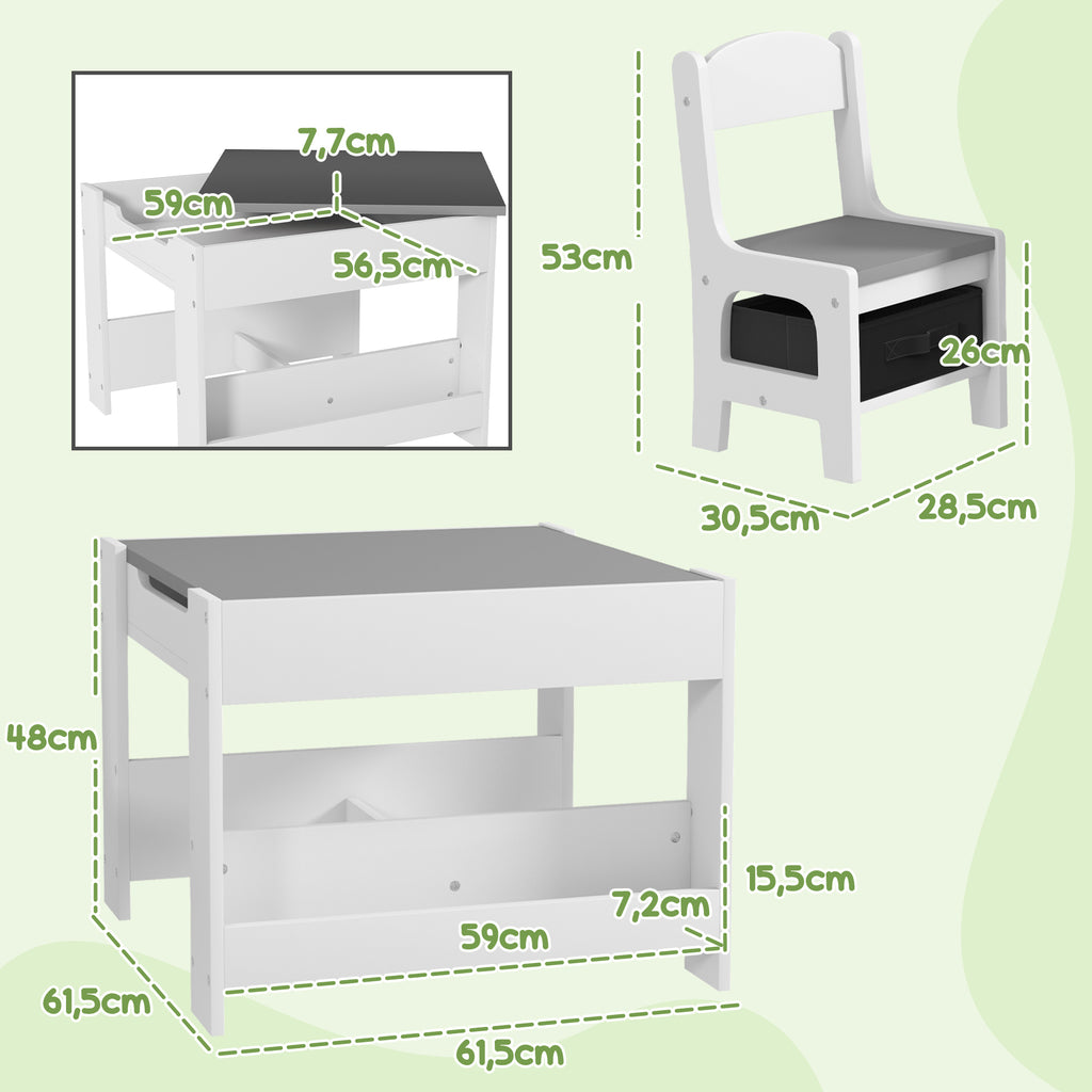 Ensemble 3 pièces table et 2 chaises pour enfant avec plateau réversible tableau noir, panier de rangement, étagères-2