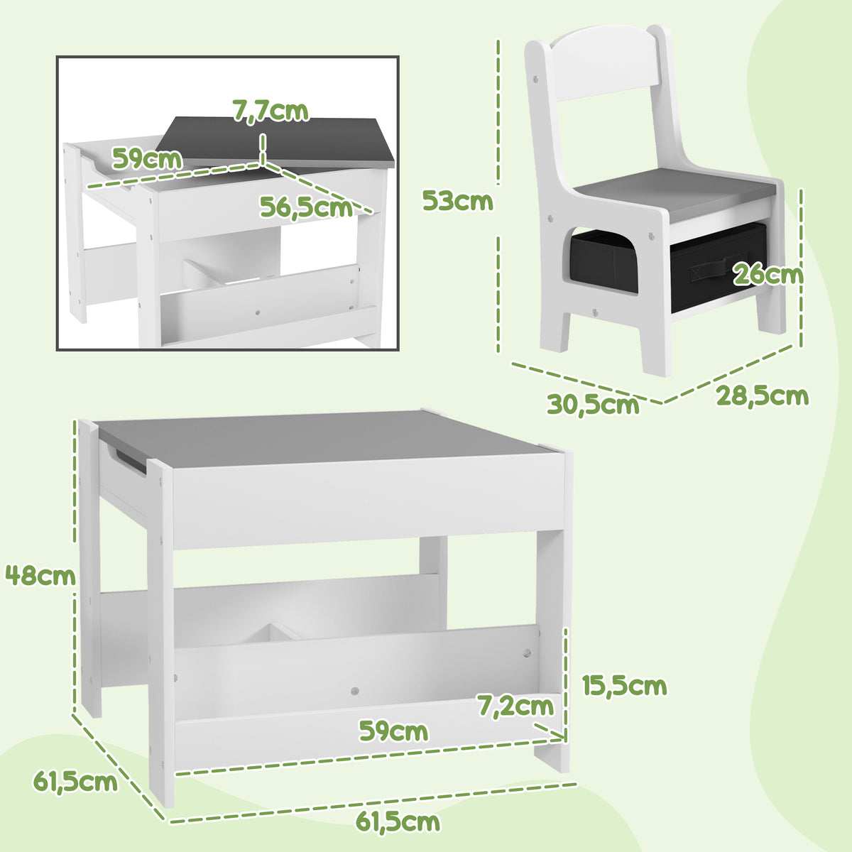 Ensemble 3 pièces table et 2 chaises pour enfant avec plateau réversible tableau noir, panier de rangement, étagères-2