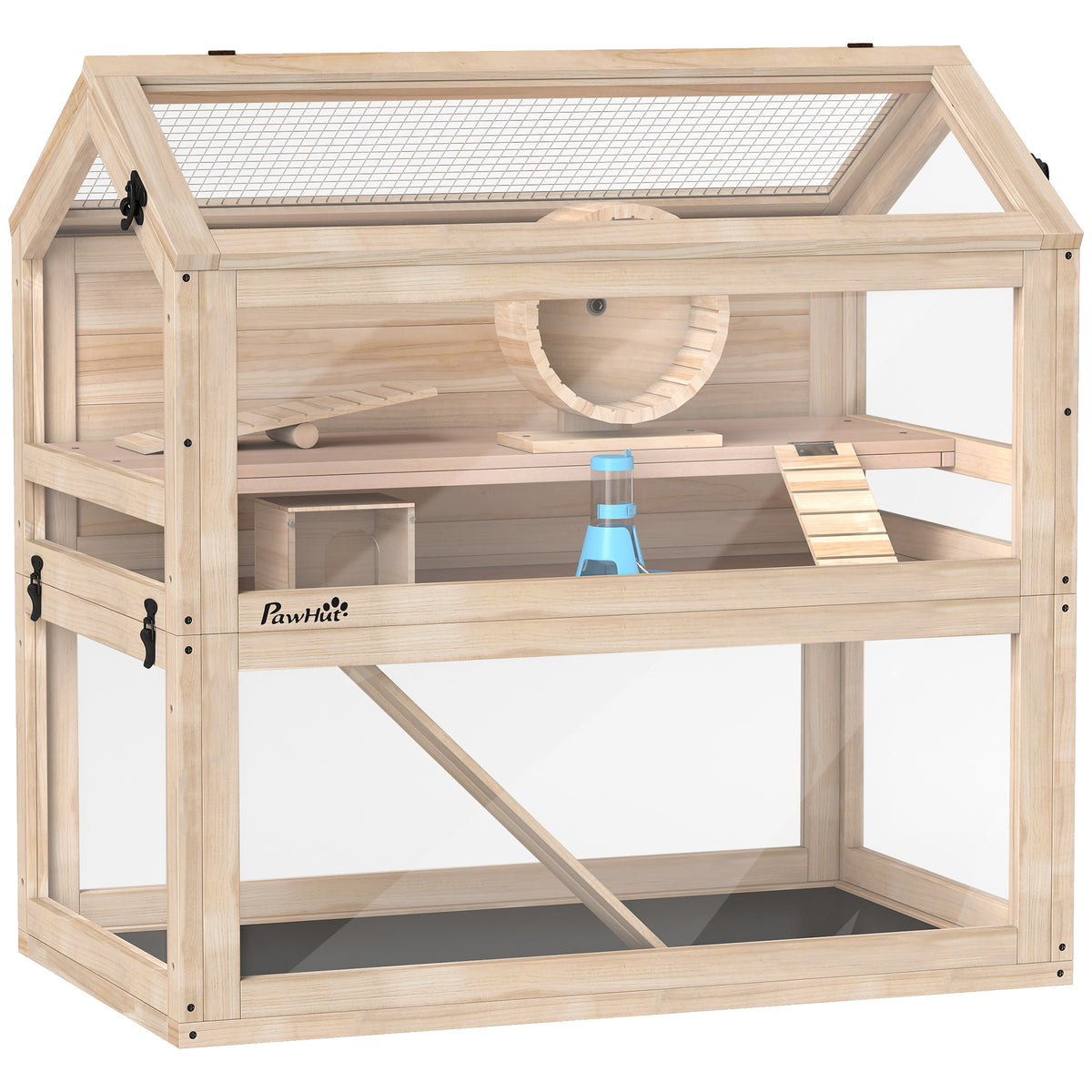 Cage Hamster Habitats pour Rongeur 3 Étages Bac Étanche Panneaux Acryliques à Vue 360° Accessoires 76x45,5x77cm Bois-0