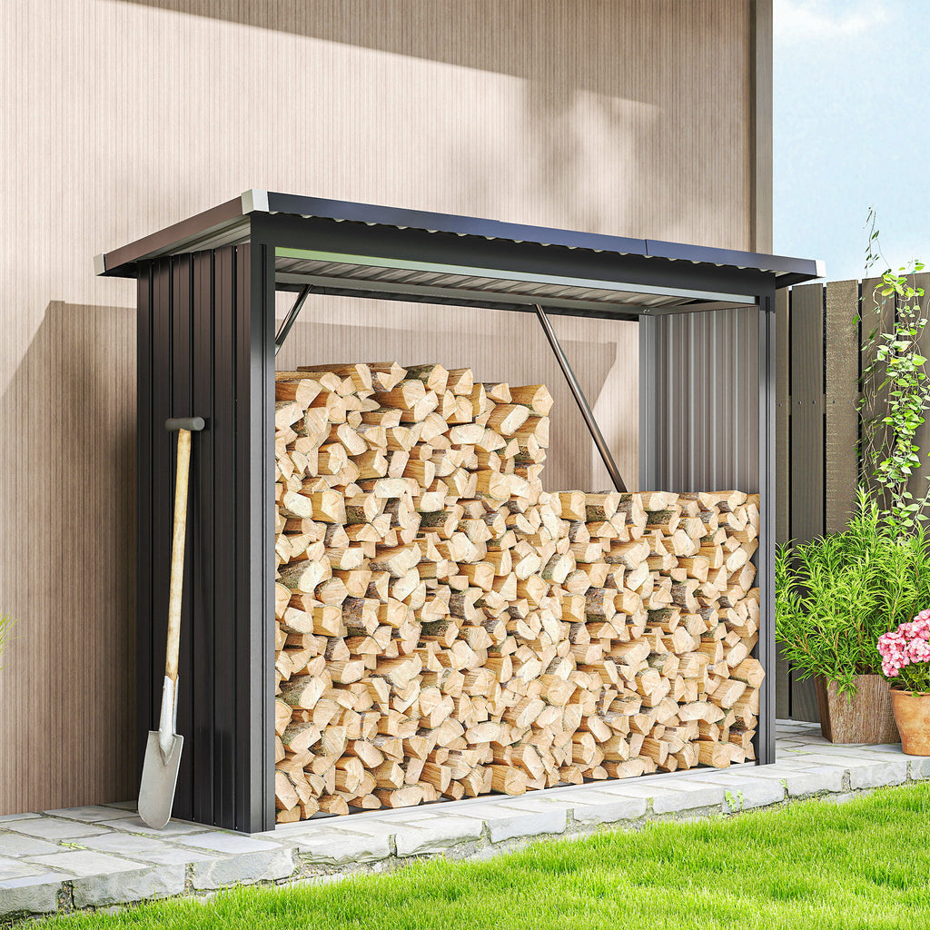 Abri-bûches couvert support pour bois de chauffage plancher surélevé toit incliné, acier galvanisé 213x66,5x150cm gris-9