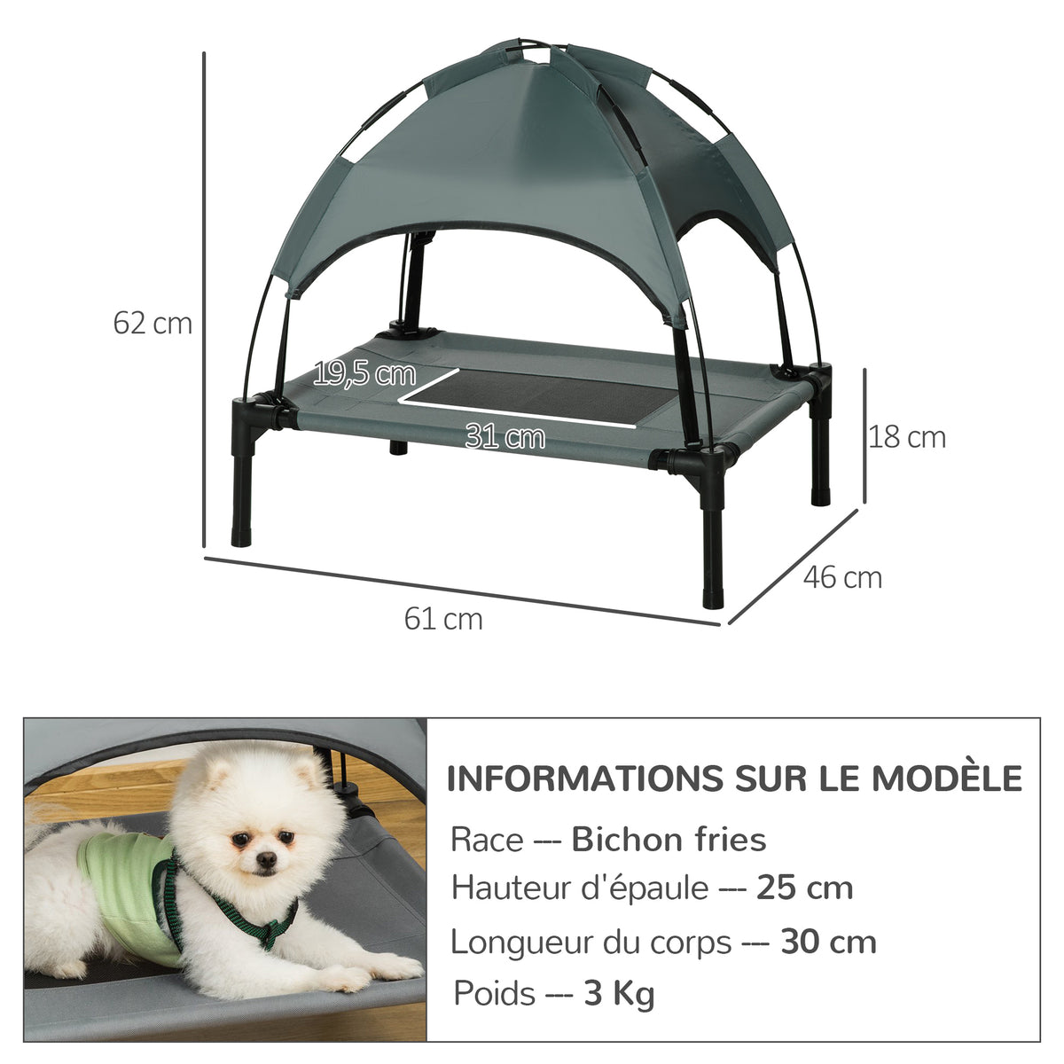 Lit chien sureleve avec parasol, lit de camp chien chat sur pieds tissu Oxford respirant, anti-UV cadre en métal sac de transport inclus couchage extérieur pour chat 161 x 46 x 61 cm gris noir-2