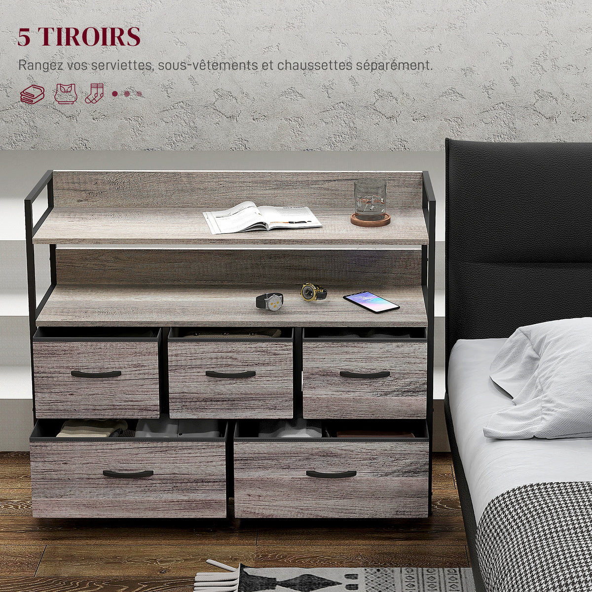 Meuble de rangement style industriel commode 5 tiroirs en tissu pliables et amovibles et étagères - 98l x 29P x 85H cm-3