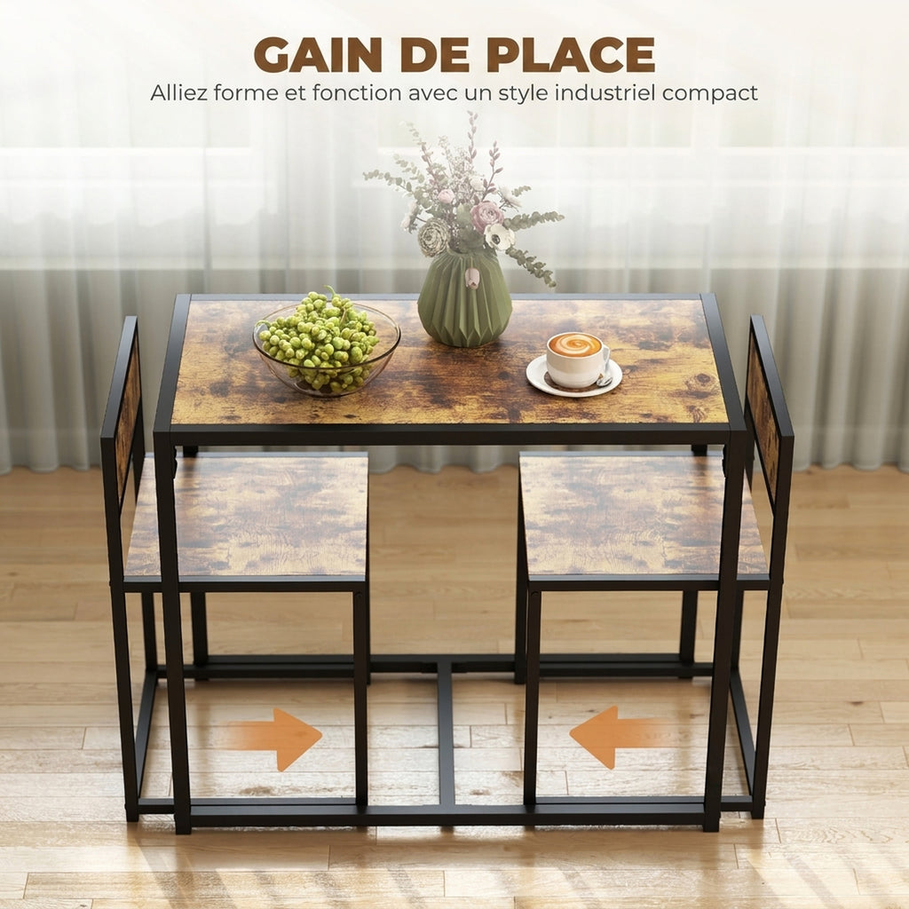 Ensemble table et chaises , table à manger 3 pièces avec 2 chaises encastrables, pour cuisine salon maison, marron-3