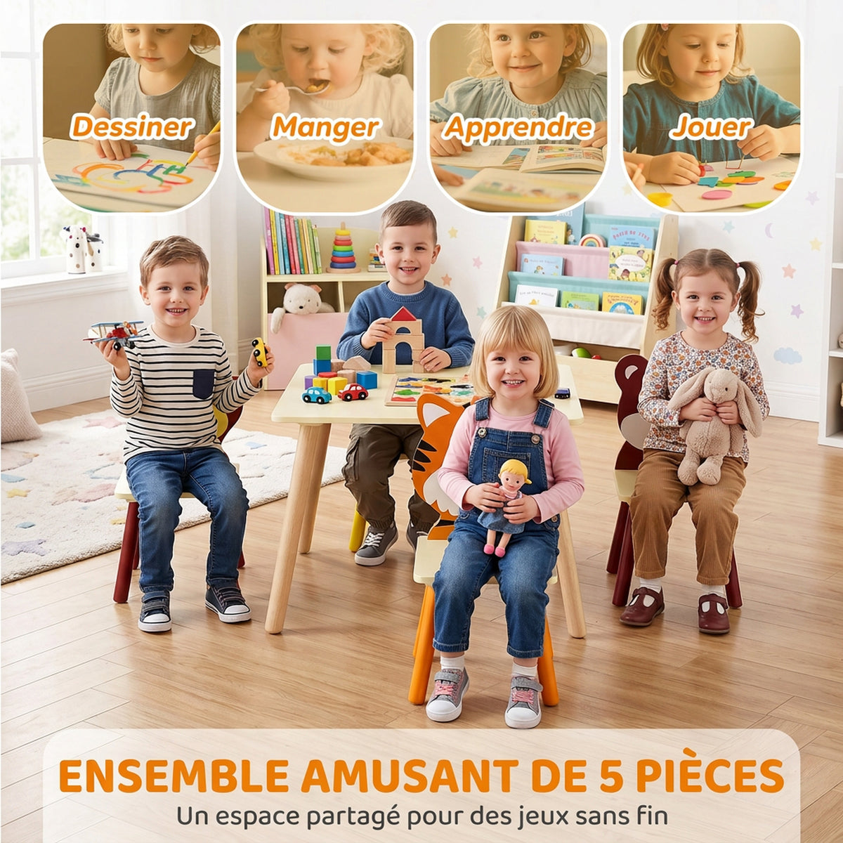 Ensembl Table pour Enfant avec 4 Chaises 5 Pièces en Bois, Dossier en Forme Animale, Coins Arrondis, 3-8 Ans, Jaune-3