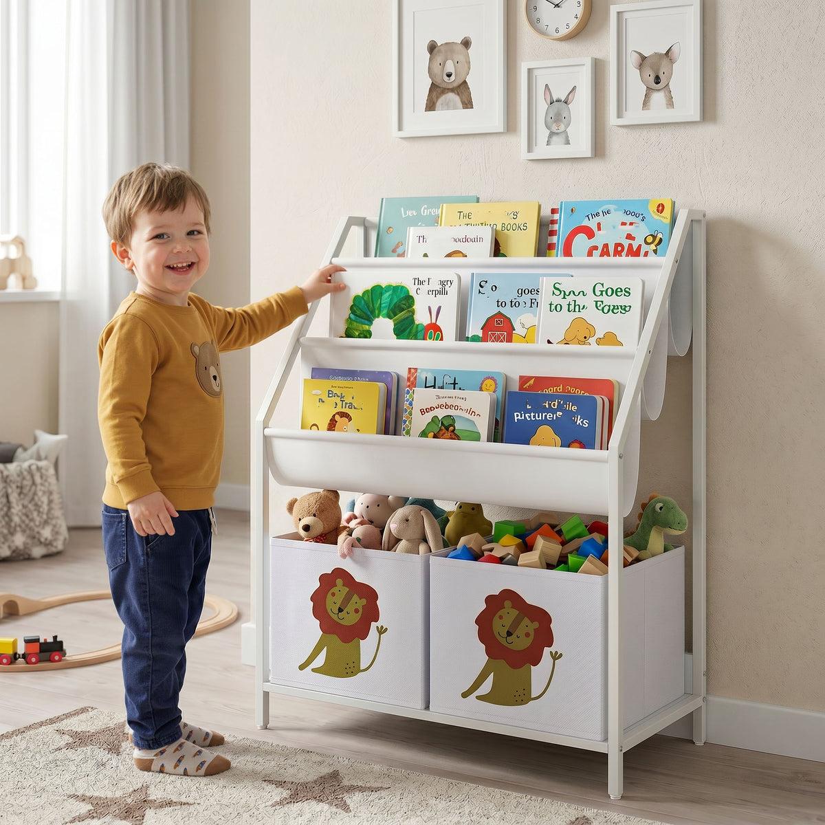 Bibliothèque pour Enfants à 4 Niveaux, Étagère à Livres pour Enfants avec Porte-Livres et Tiroir en Tissu, Blanc-1