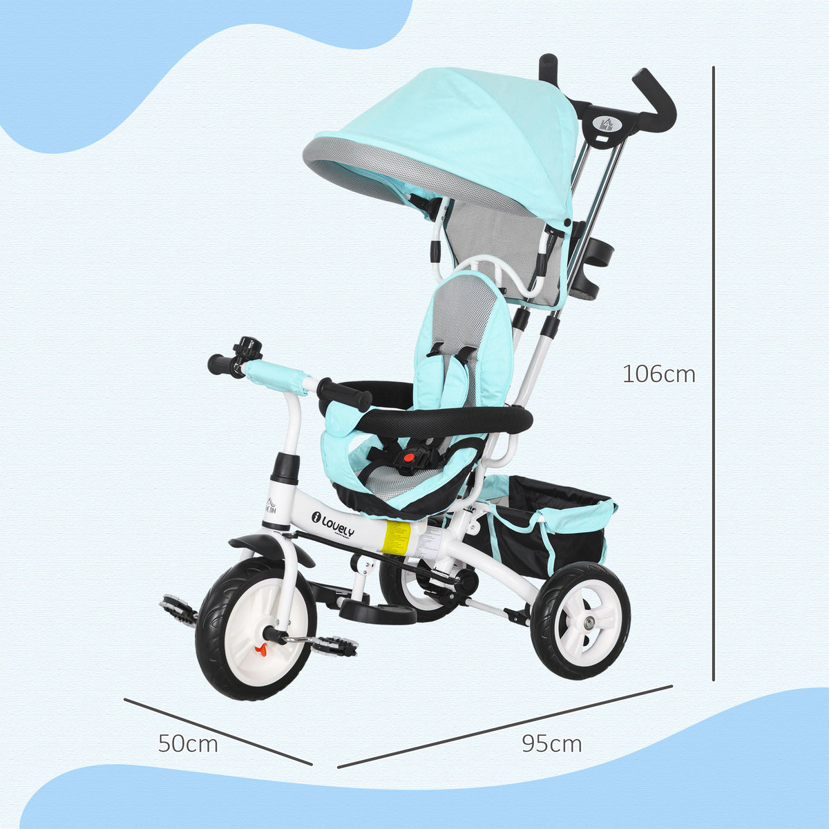 Tricycle 6 en 1 pour enfants, auvent, ceinture de sécurité 5 points, rangement, repose-pieds, frein, 1-5 ans, vert-2