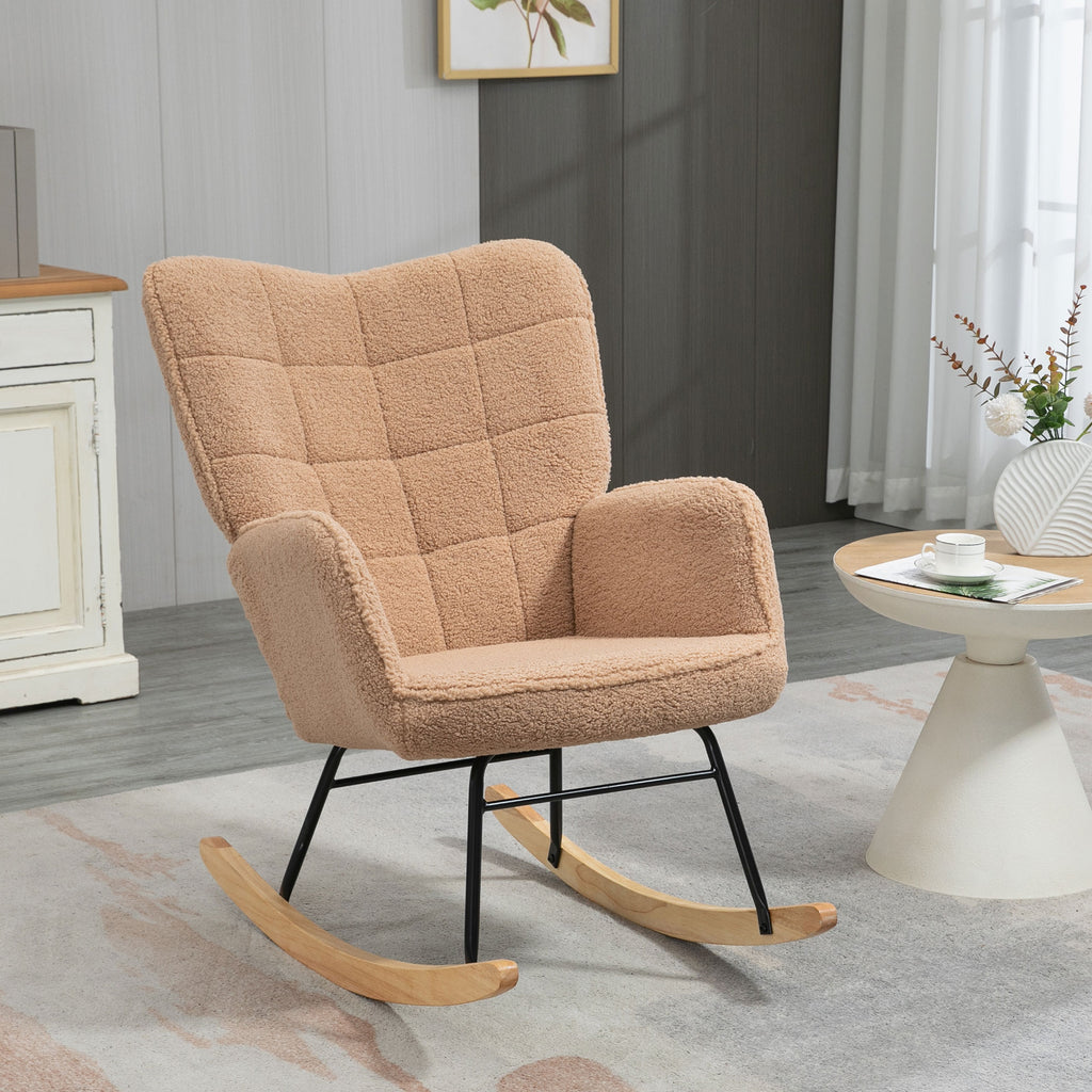 Fauteuil à bascule rocking chair revêtement effet laine bouclée, structure en acier 71 x 98 x 101 cm marron-9