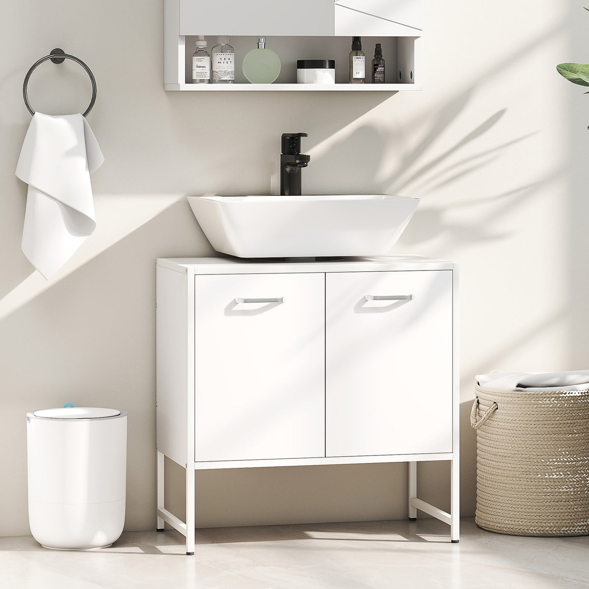 Meuble sous lavabo, meuble de salle de bain avec 2 portes à fermeture douce et étagère réglable, blanc-1