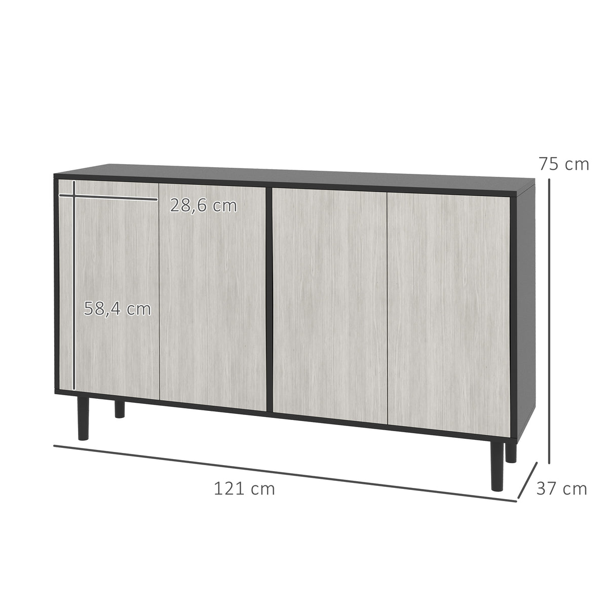 Buffet de cuisine meuble de rangement 2 placards avec étagères réglables, 121 x 37 x 75 cm, noir et aspect bois gris-2