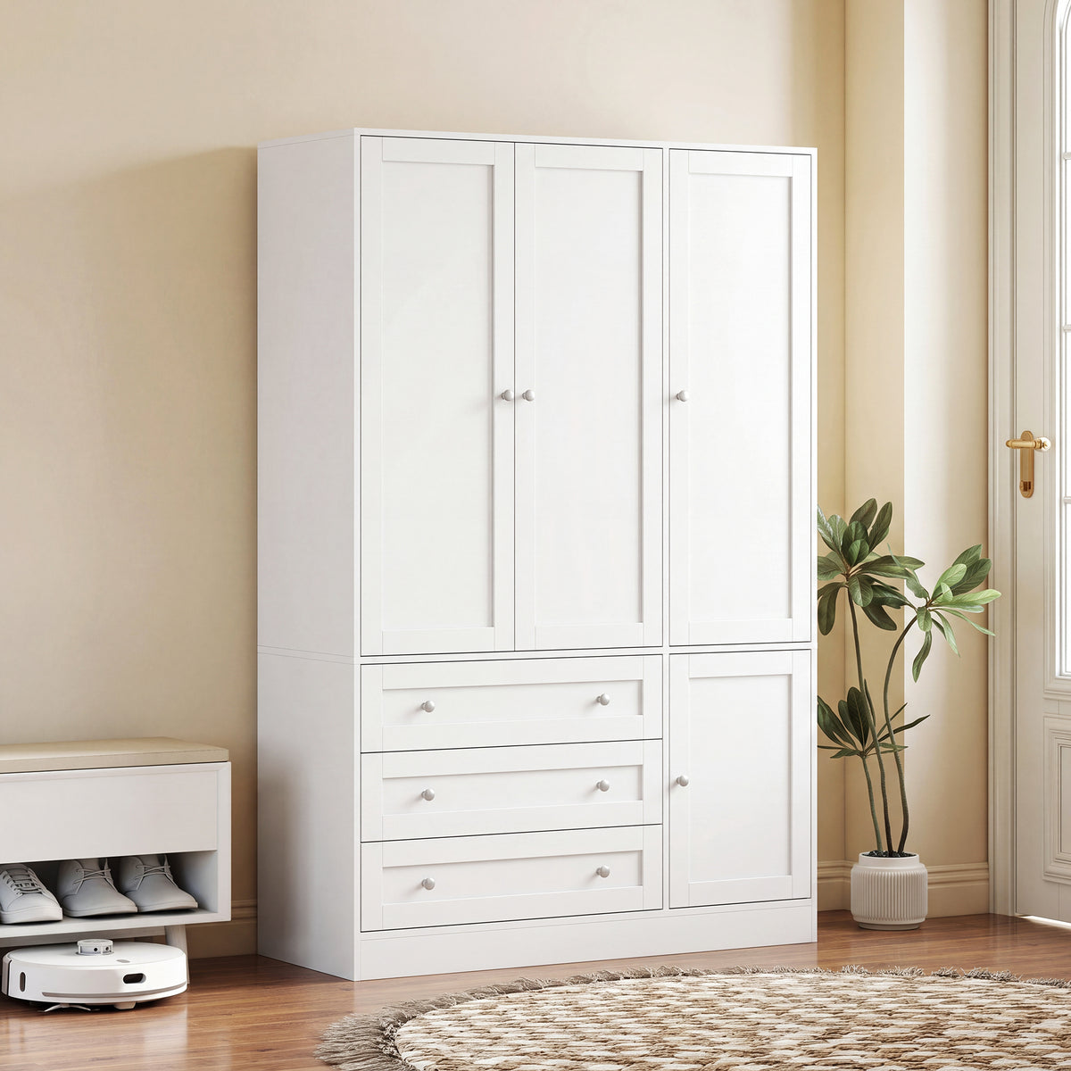 Armoire Chambre Penderie avec 4 Portes, 3 Tiroirs, Barre de Suspension et Étagère Réglable, 120 x 50 x 176,5 cm, Blanc-1