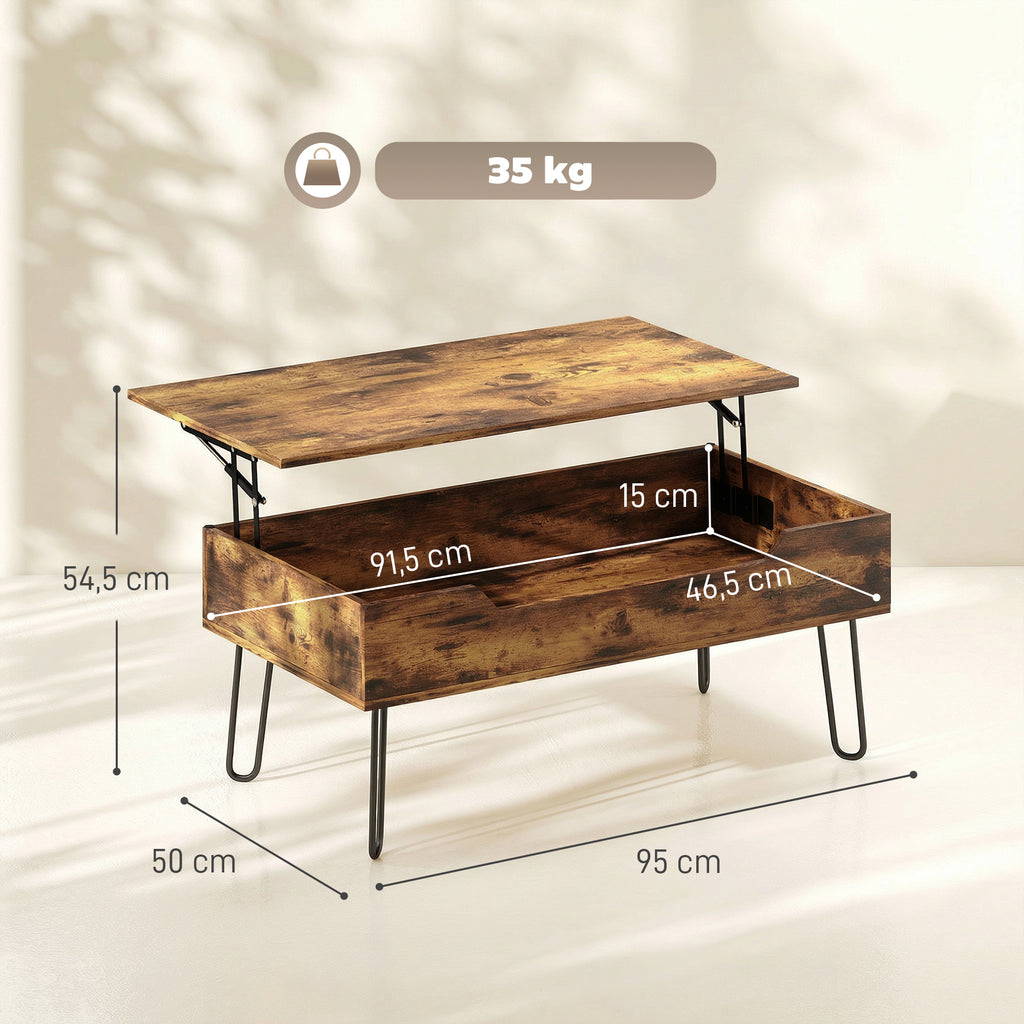 Table Basse Relevable en Bois avec Grand Rangement Caché, Hauteur Réglable, 95 x 50 x 40 cm, Marron Rustique-2