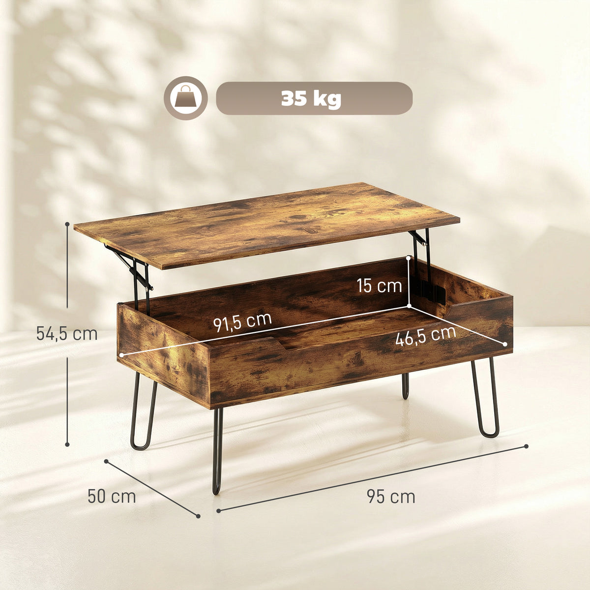 Table Basse Relevable en Bois avec Grand Rangement Caché, Hauteur Réglable, 95 x 50 x 40 cm, Marron Rustique-2