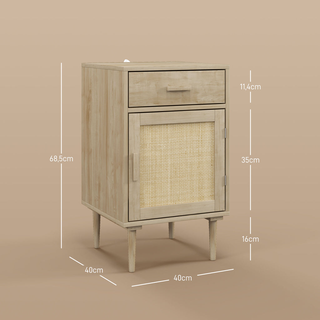 Lot de 2 tables de chevet avec placard et étagère porte rotin tissé 1 tiroir design bohème - 40 x 40 x 68,5 cm naturel-2