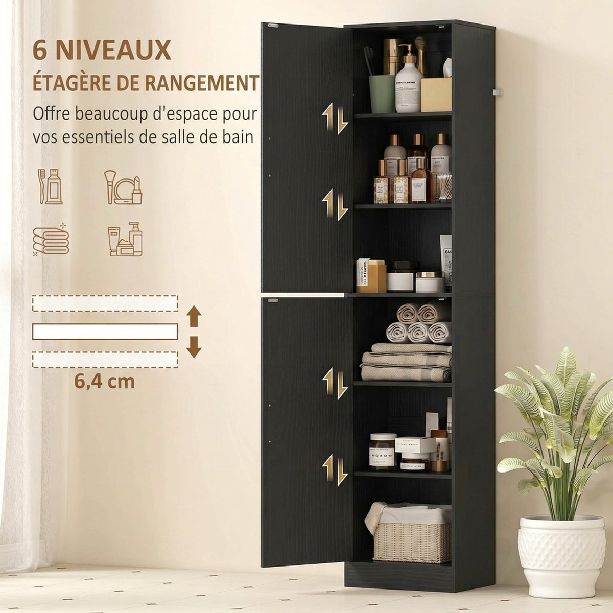 Colonne de Salle de Bain 6 Niveaux, Meuble de Rangement Étroit, 2 Portes et 4 Étagères Réglables, 40x35x180cm, Noir-3