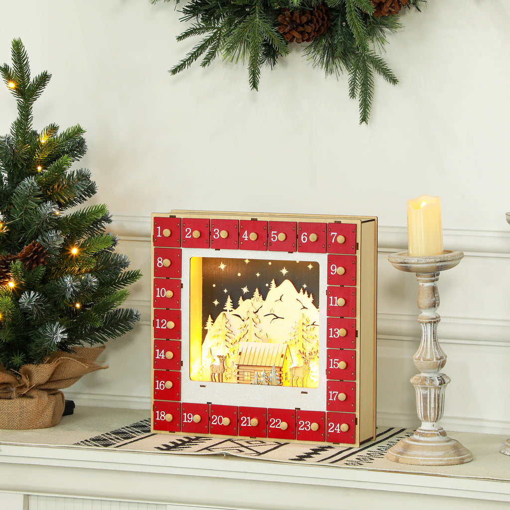 Calendrier de l'Avent LED, décorations de Noël en bois, 24 tiroirs à remplir, décoration lumineuse, rouge-9