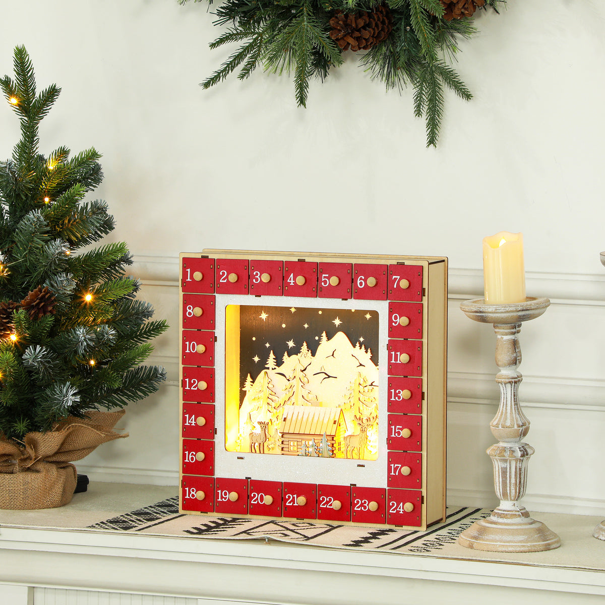 Calendrier de l'Avent LED, décorations de Noël en bois, 24 tiroirs à remplir, décoration lumineuse, rouge-9