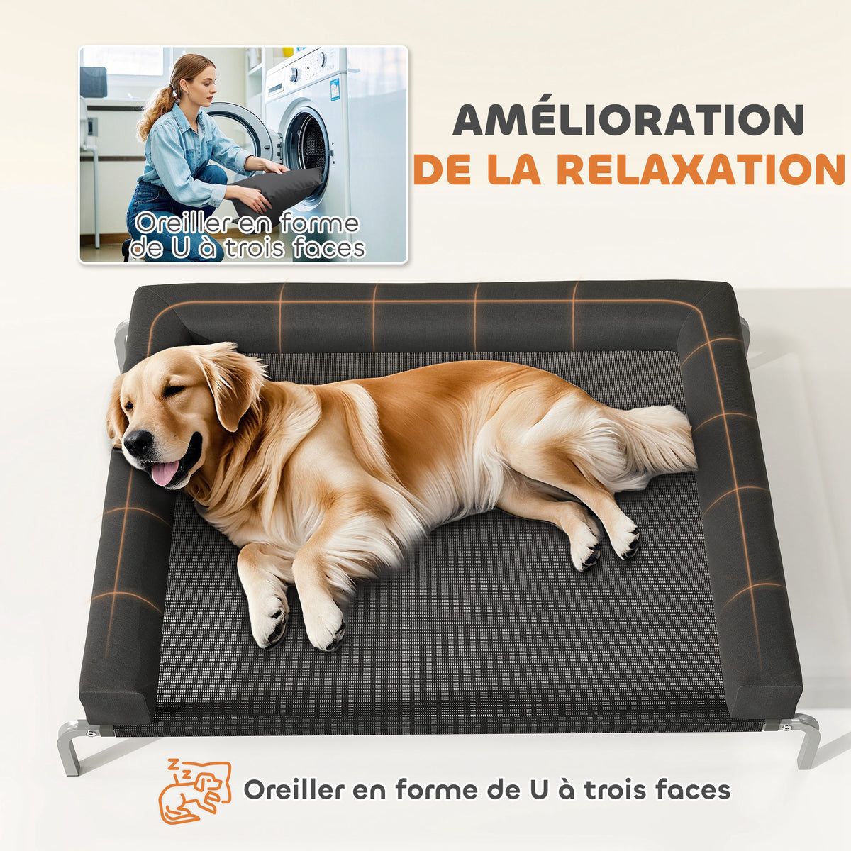 Lit surélevé pour chien rafraichissant, lit de camp pour chiens intérieur extérieur portable, 130 x 90 x 30 cm, noir-4