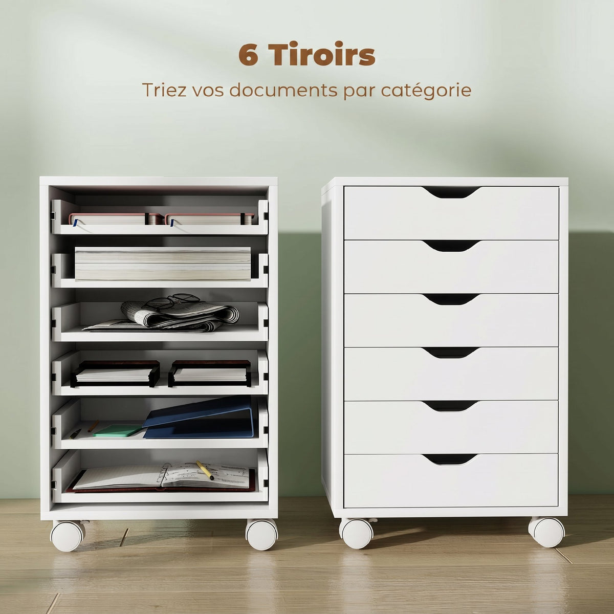 Caisson de Bureau Mobile 6 Tiroirs Silencieux, Support d'Imprimante, Poignées Encastrées, 40 x 35 x 63 cm, blanc-3