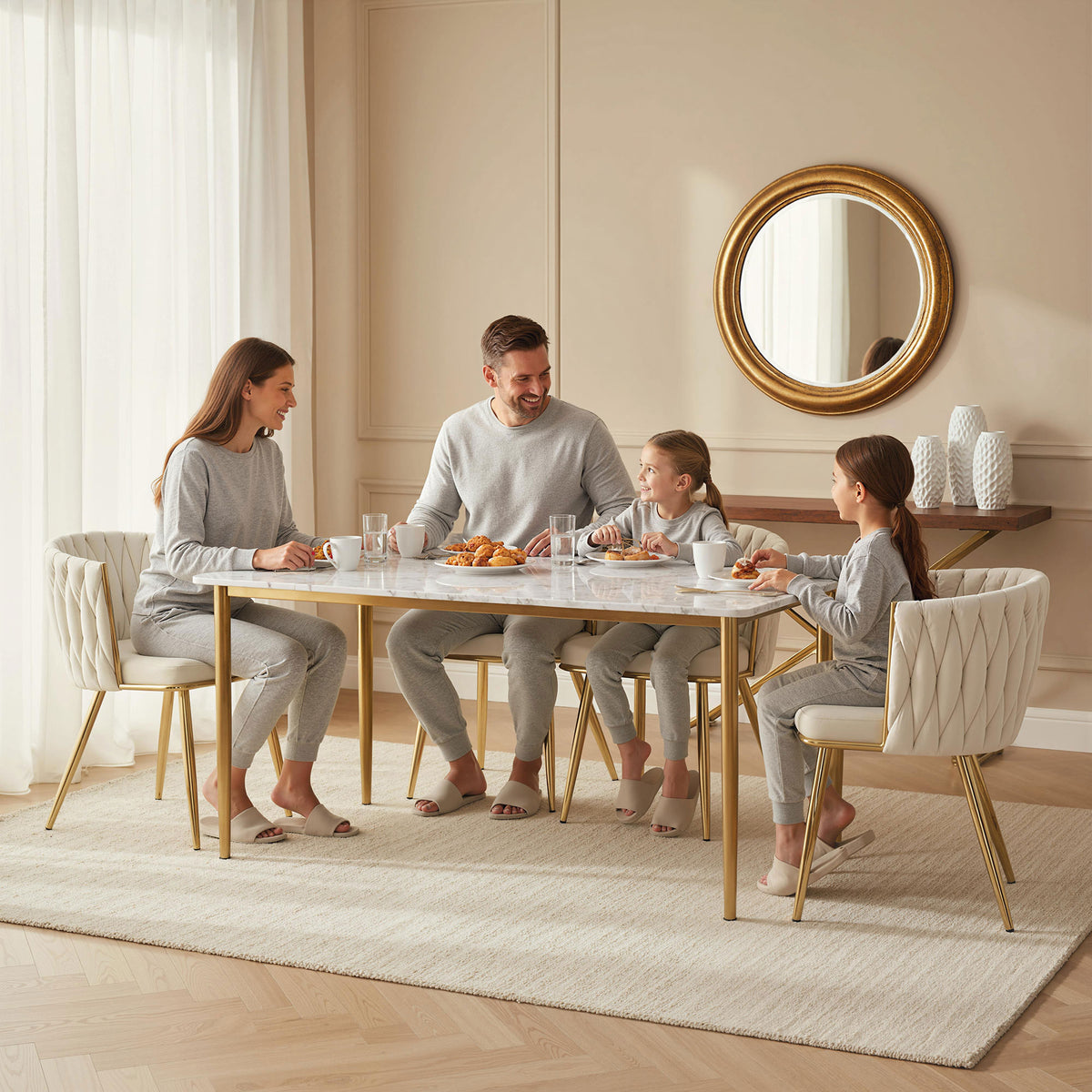 Lot de 2 chaises de salle à manger, chaises de cuisine rembourrées en velours avec dossier tressé et accoudoirs, crème-8