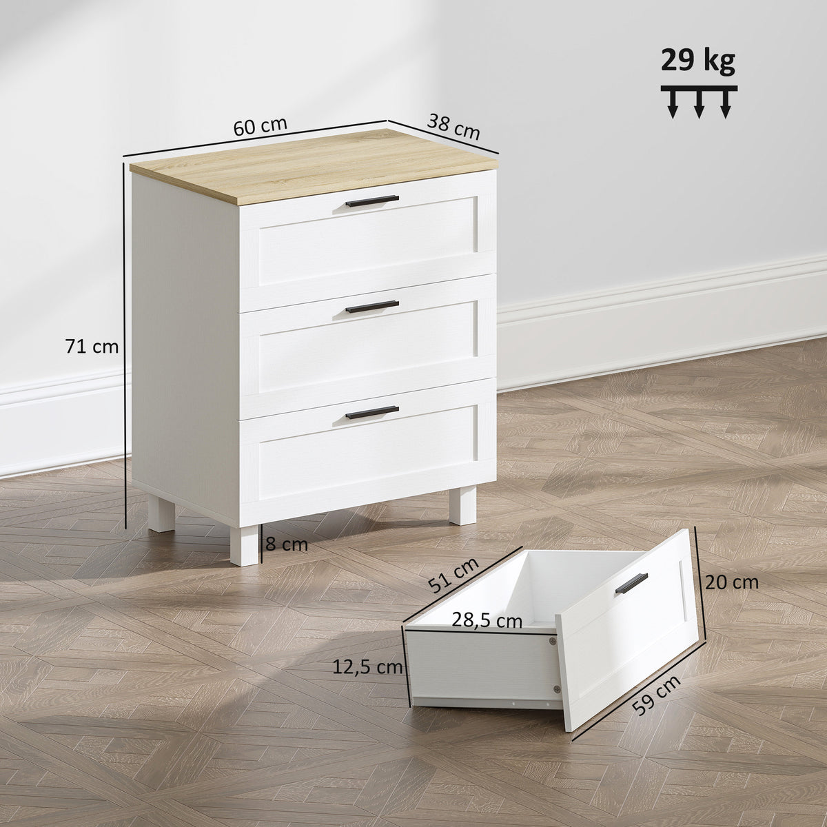 Commode 3 tiroirs meuble de rangement style moderne pieds en bois massif et plateau effet bois, 60 x 38 x 71 cm, blanc-2
