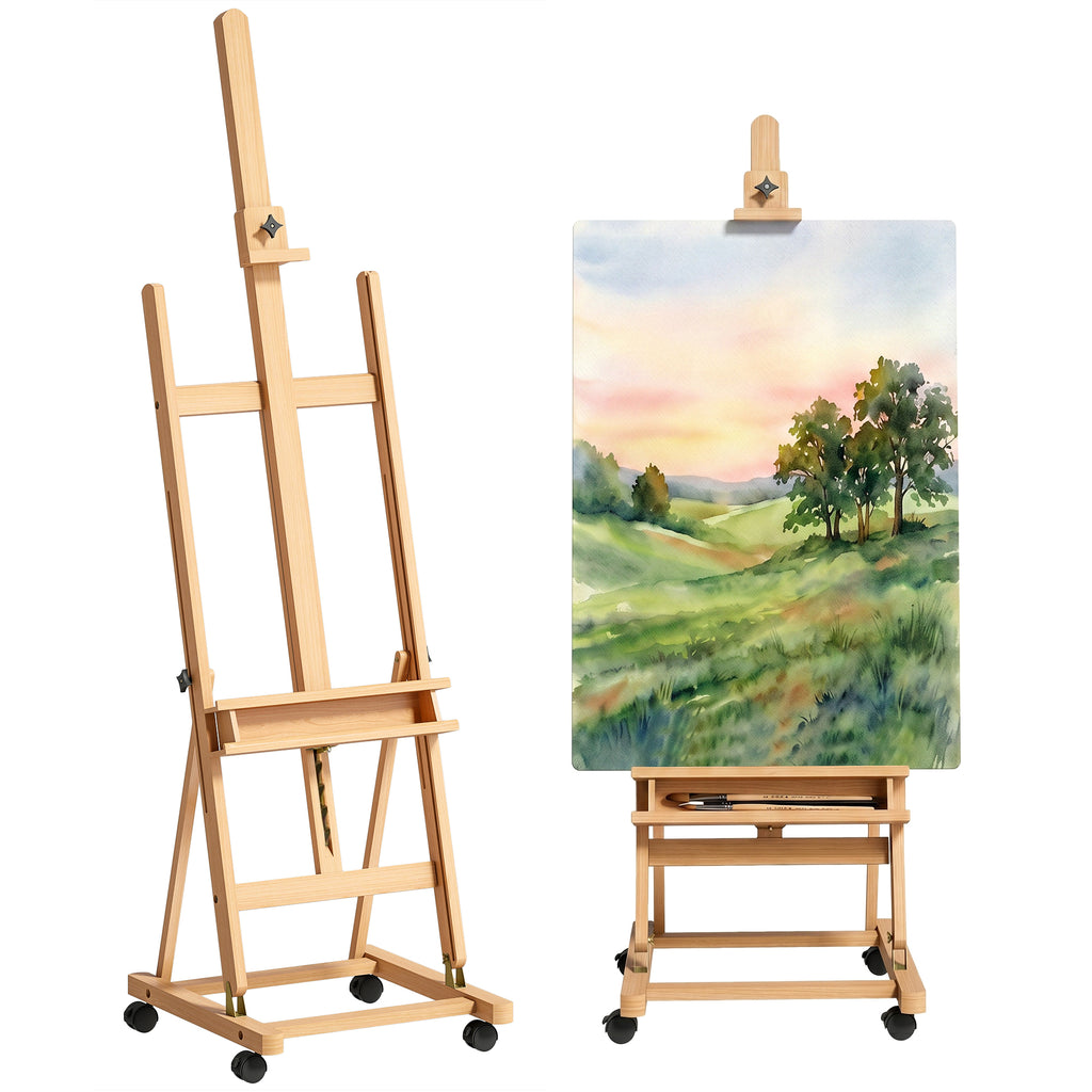 Chevalet d'artiste sur roulettes pliable en bois de hêtre pour toiles à peindre jusqu'à 118 cm bois naturel-0
