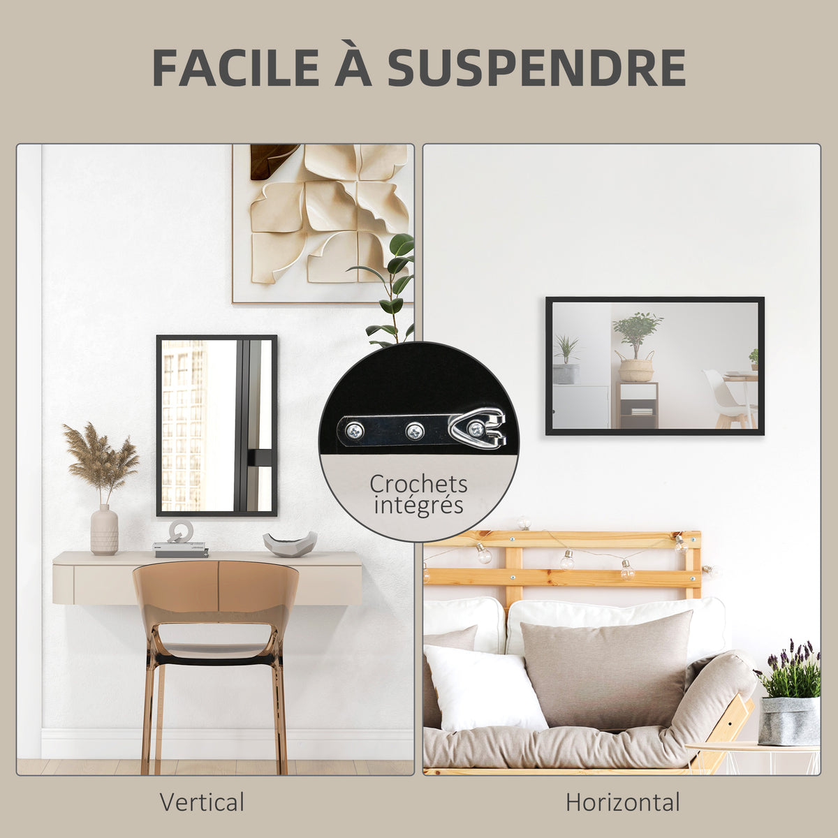 Miroir mural rectangulaire 60 x 40 cm, cadre en bois noir, idéal pour la salle de bain, salon ou chambre-4