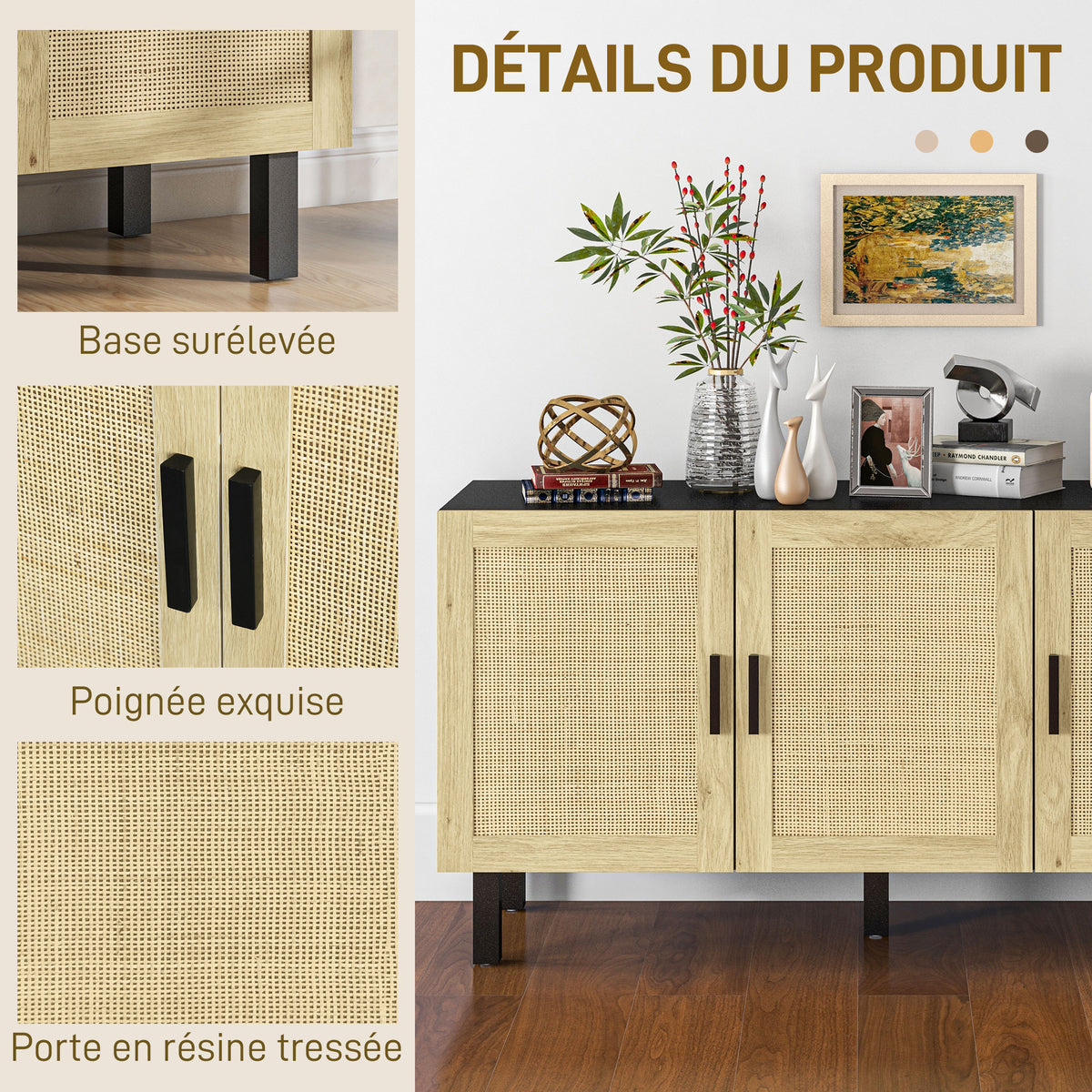 Meuble de rangement avec placards à portes effet cannage, étagères réglables, 136 x 41 x 70 cm, noir et bois naturel-4