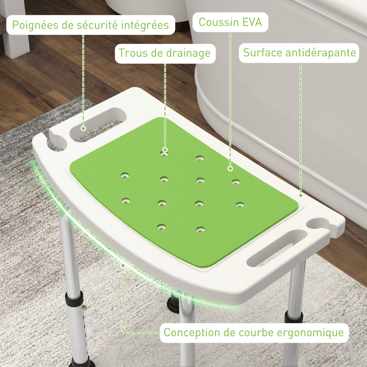 Siège de Douche réglable en Hauteur Tabouret de Douche Ergonomique Pieds antidérapants Charge Max. 135 Kg alu HDPE Vert-3