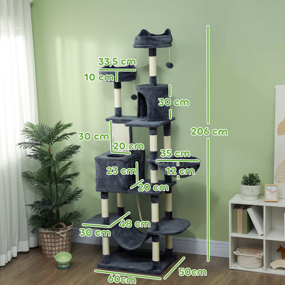 Arbre à chat 206 cm tour de jeux pour chat en peluche plusieurs niveaux idéal pour 1-3 chats 60 x 50 x 206 cm gris foncé-2