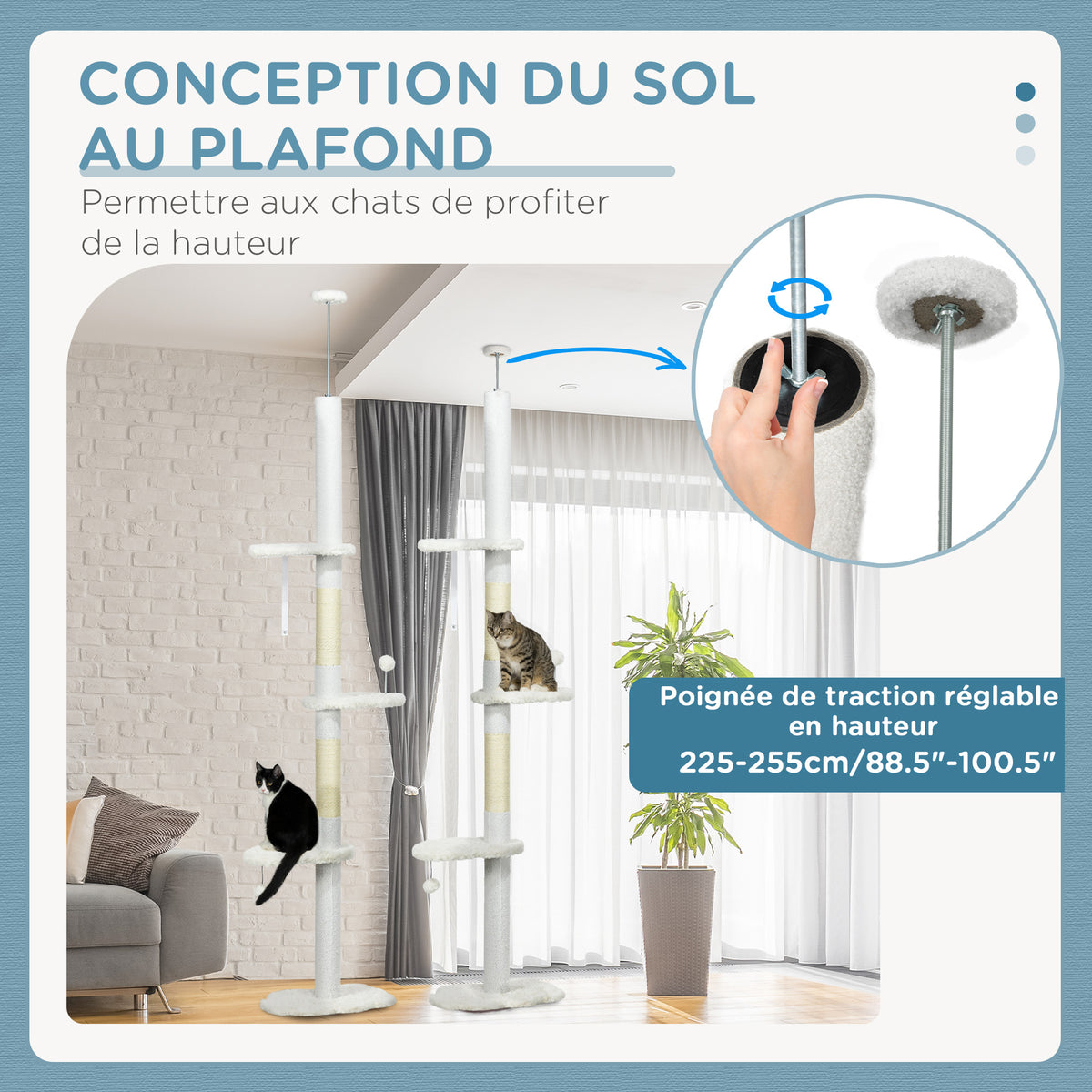 Arbre à chat 225-255 cm réglable en hauteur Tour pour chat 3 griffoirs et 2 balles 48x32x225-255 cm blanc-4