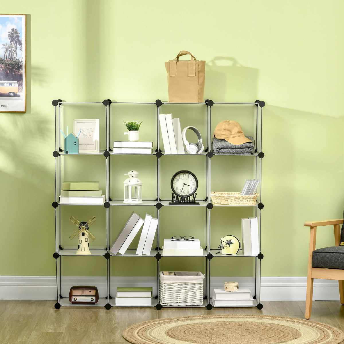 Meuble de rangement modulable, 16 cubes, meuble à chaussures, vêtements, livres, jouets, blanc-9