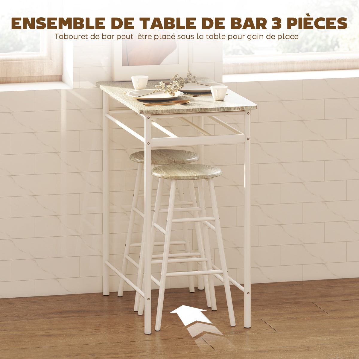 Ensemble table de bar avec tabourets, table à manger debout avec 2 chaises, étagère et pieds en métal, 80x50x90cm, blanc-3