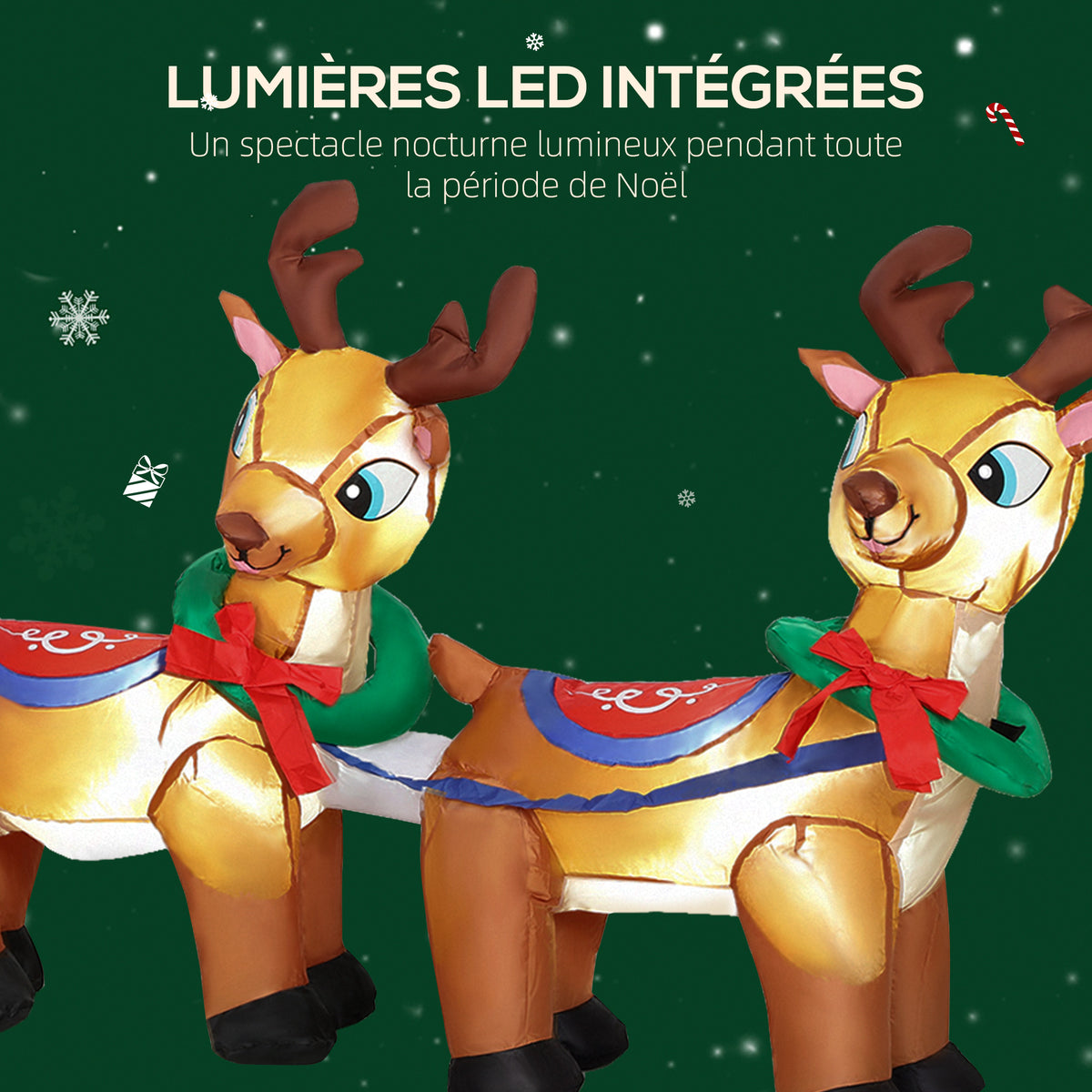 Père Noël gonflable avec traîneau et rennes 240 cm 6 lumières LED décoration de Noël intérieure et extérieure rouge-3