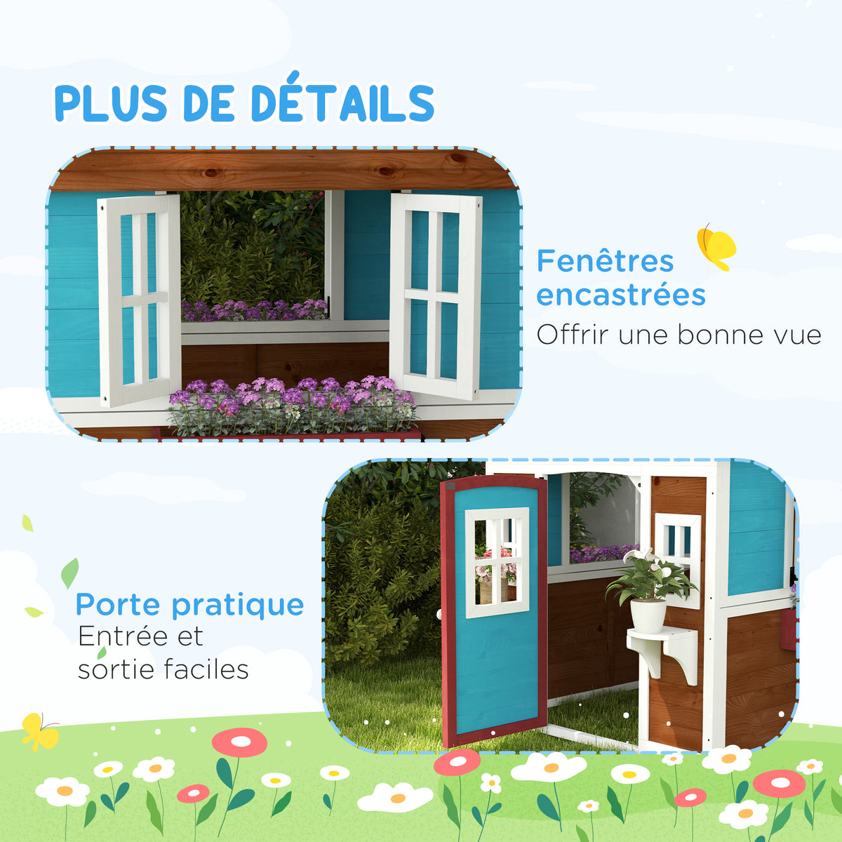 Cabane enfant extérieur maison enfant extérieure avec porte fenêtres et jardinières 114 x 126,4 x 135 cm Marron-6