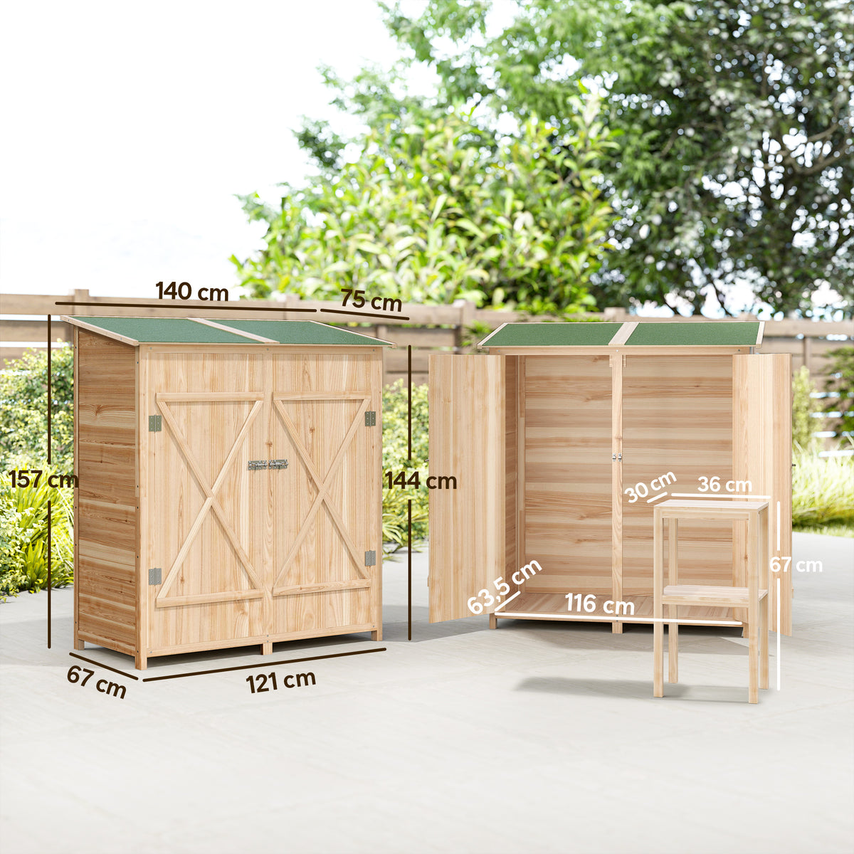 Abri de jardin en bois armoire de jardin en bois avec table, toit en asphalte, 140 x 75 x 157 cm, effet bois naturel-2