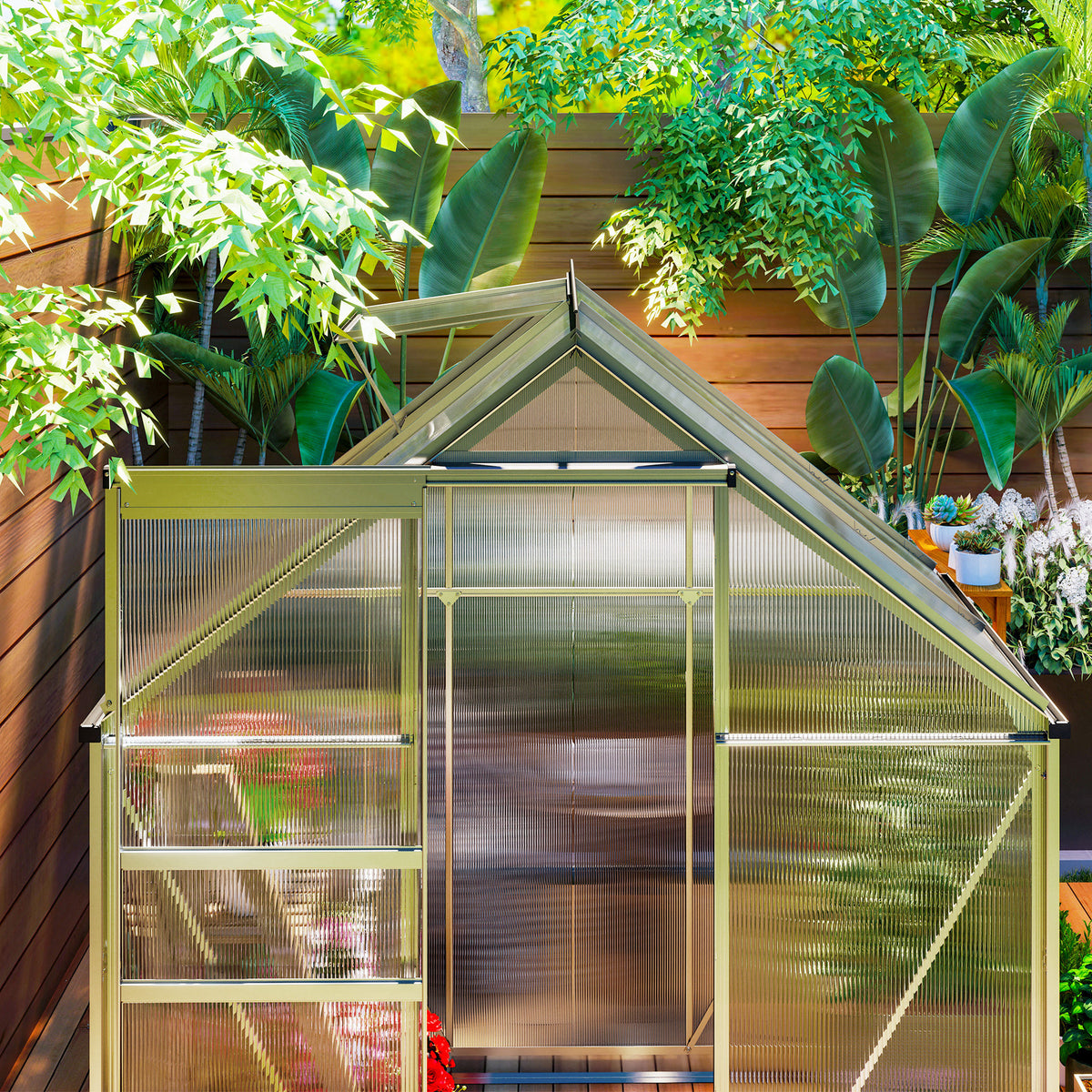Serre de jardin en aluminium polycarbonate avec fondation, serre avec fenêtre réglable porte coulissante 192,5x131x200cm-7