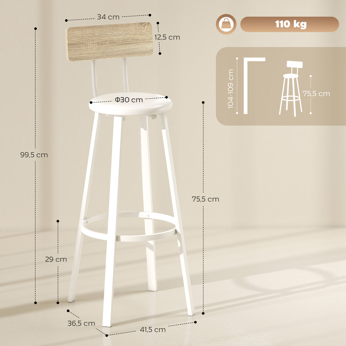 Lot de 2 tabourets de bar, chaises de bar, assise rembourrée 75,5H cm, dossier et repose-pieds, bois naturel et blanc-2