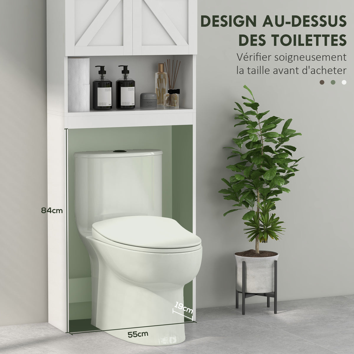Armoire de rangement dessus des toilettes, meuble de salle de bain placard 2 portes étagère 58,5L x 23l x 170H cm blanc-4