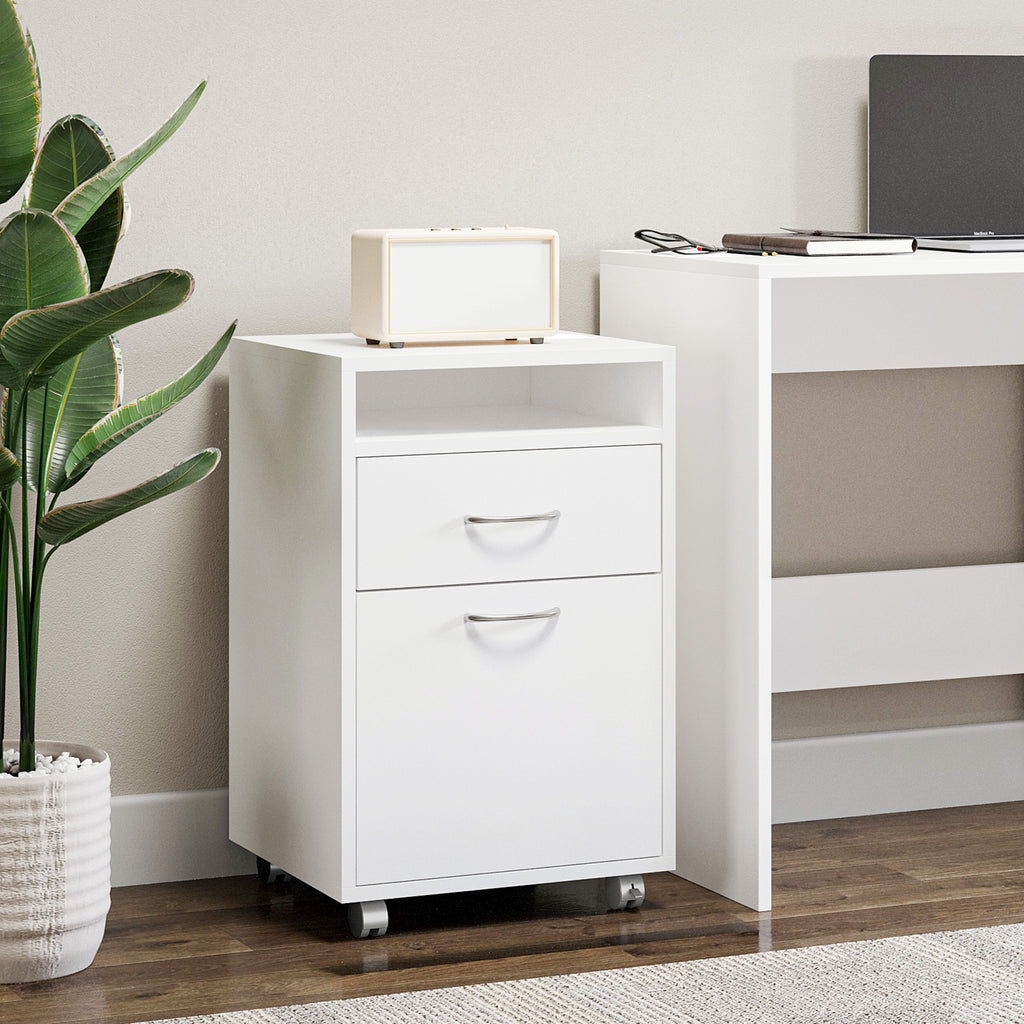 Caisson de bureau rangement bureau sur roulettes tiroir placard niche panneaux particules blanc-6