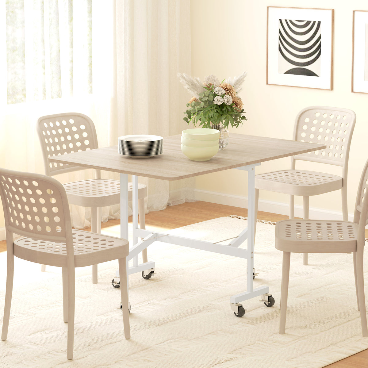 Table à Manger Pliante sur Roulettes pour 4-6 Personnes 120 cm, Roues avec Freins, 2 Abattants, Style Industriel, Chêne-1