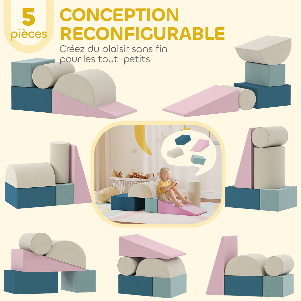 Parcours motricité bébé jouet d'escalade modulable 5 pièces housse lavable en velours 61 x 40,6 x 60 cm multicolore-3