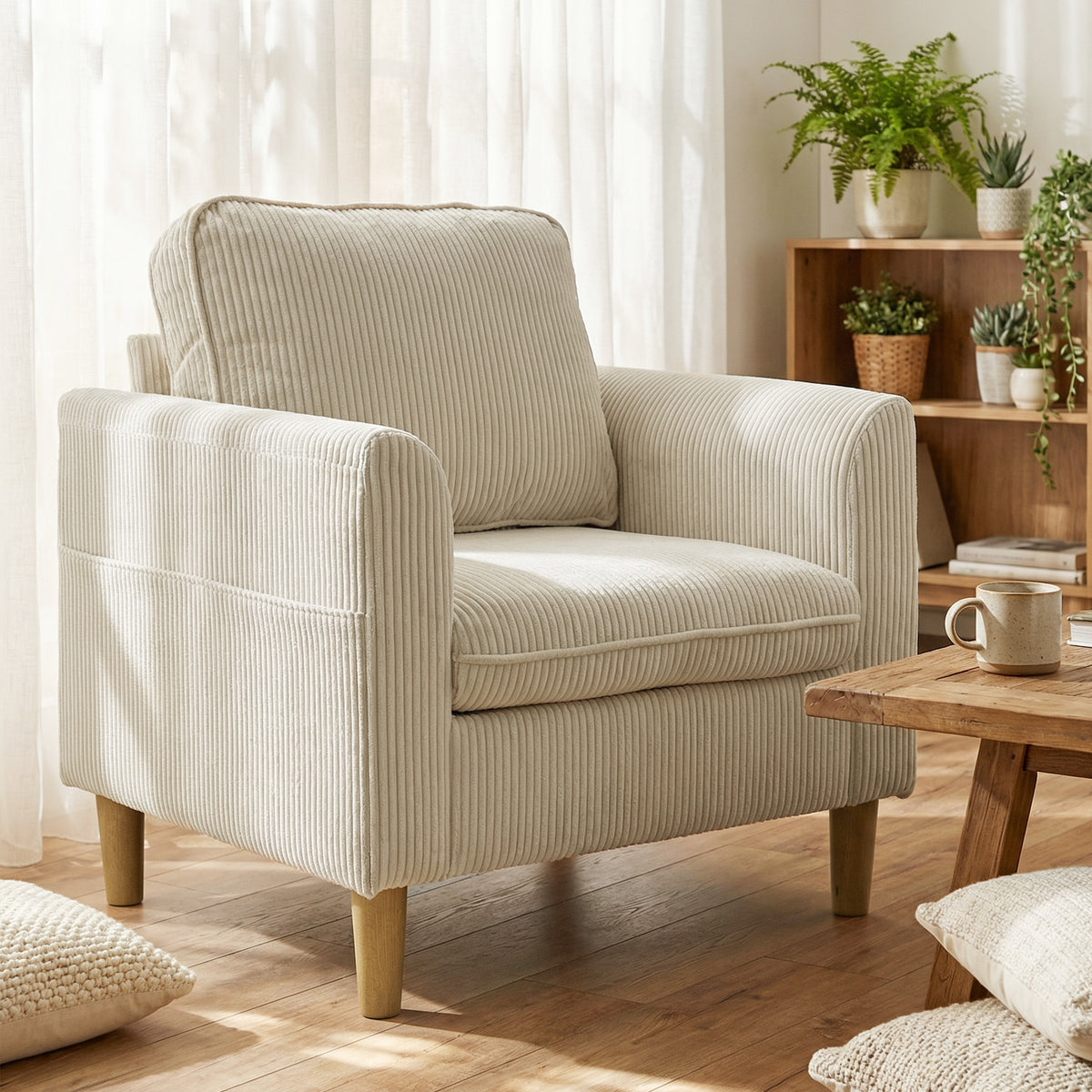 Fauteuil de salon en velours côtelé, canapé 1 place rembourré avec assise large et coussin à ressorts, 83x74x87cm, beige-1