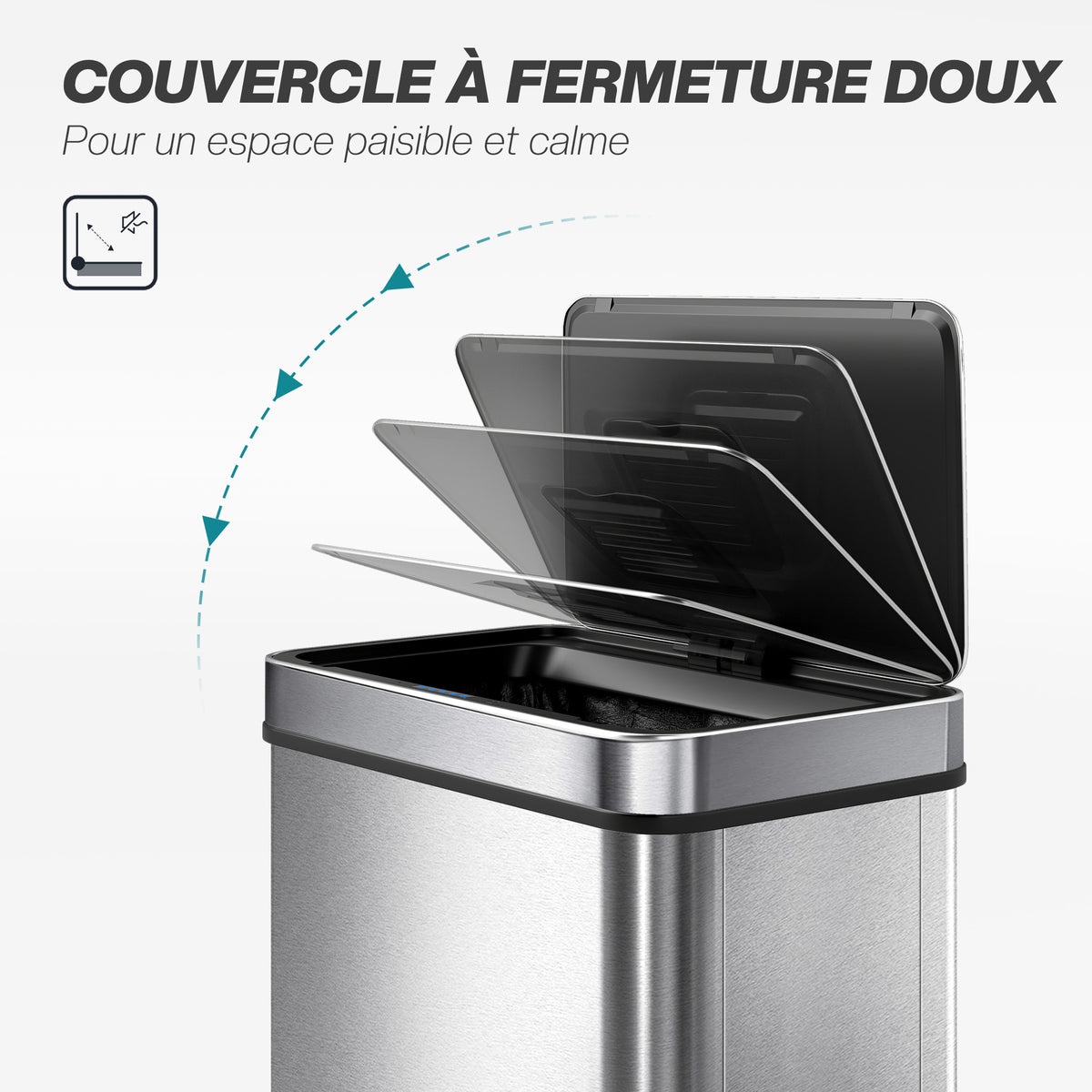 Poubelle à capteur 60 L avec couvercle à fermeture douce, poubelle de cuisine automatique en acier inoxydable, argenté-6