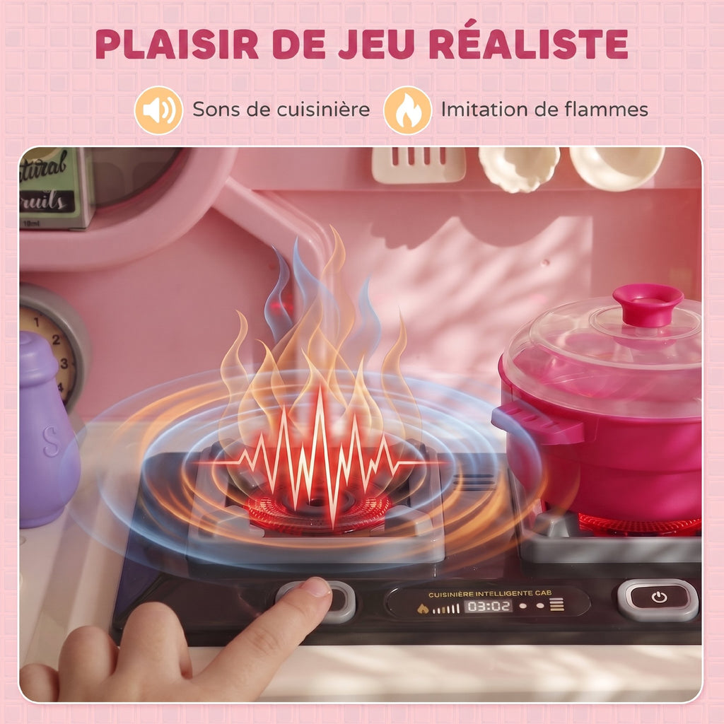 Cuisine pour Enfants Interactive, 33 Accessoires, avec Sons, Lumières, Rangement, 3-6 Ans, 67x25x87cm, Rose-4