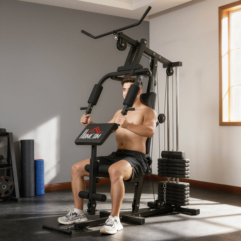Station de Musculation Multifonction avec Stack de 65 kg, Double Poulie, Noir-7
