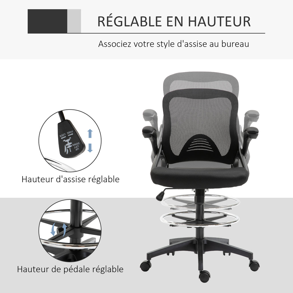 Chaise bureau ergonomique, fauteuil de bureau avec repose-pieds, chaise de dessin à dossier en maille, hauteur réglable, accoudoirs, assise rembourrée et pivotante 360°, noir-3