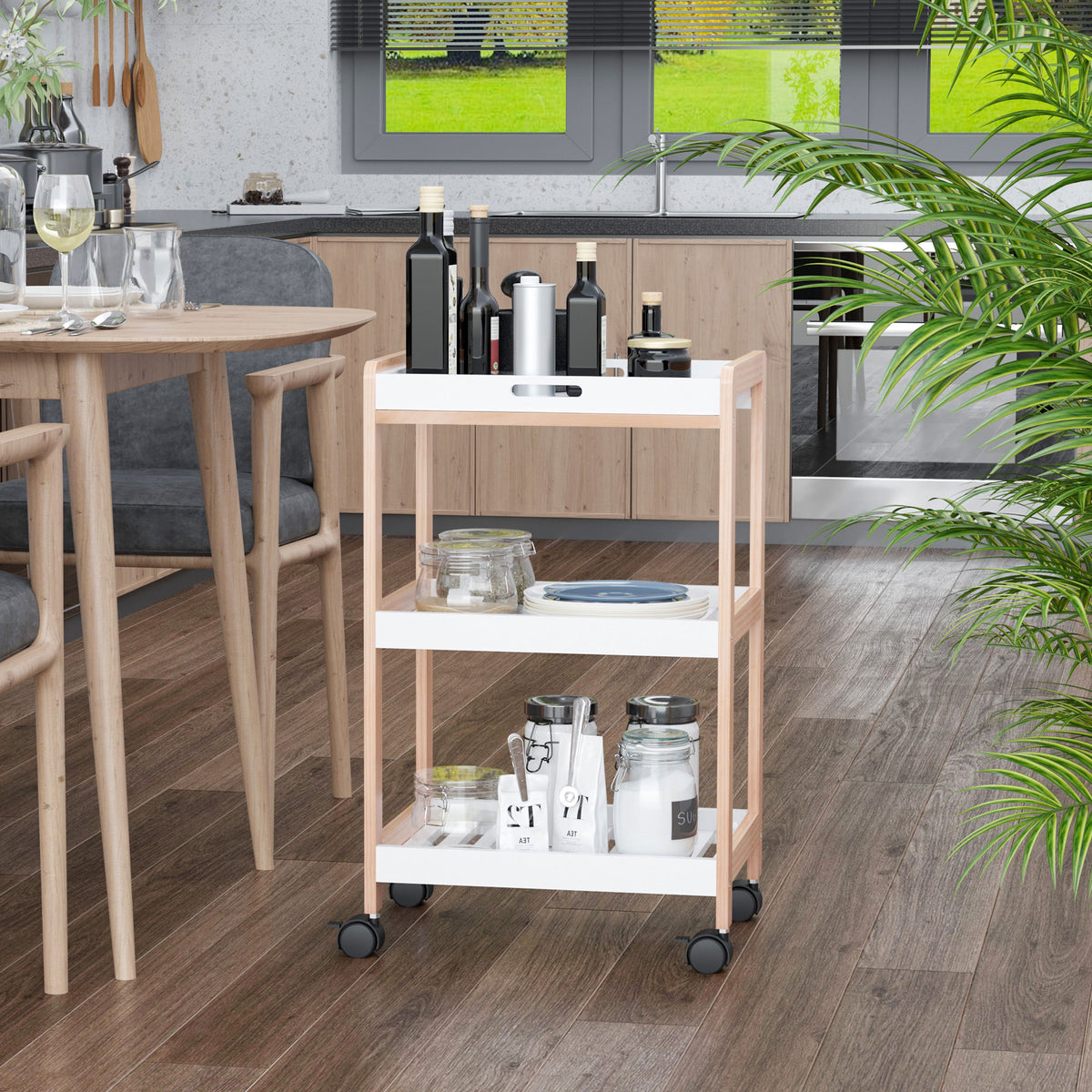 Chariot de service desserte de cuisine à roulettes 2 étagères + plateau amovible bois de pin MDF blanc-1